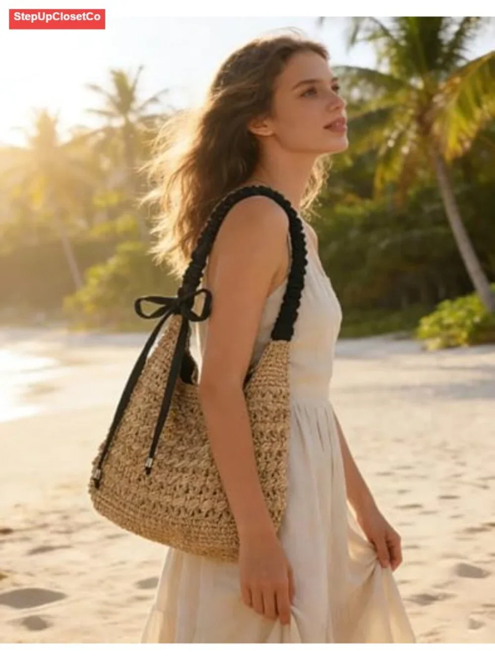 Bohemian Crochet Beach Bag Crescent Crossbody Hobo Shoulder Tote